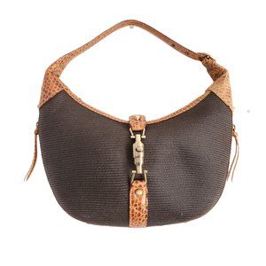 Eric Javits New York Squishee Hobo Straw Black Brown Croc Snakeskin Leather Bag